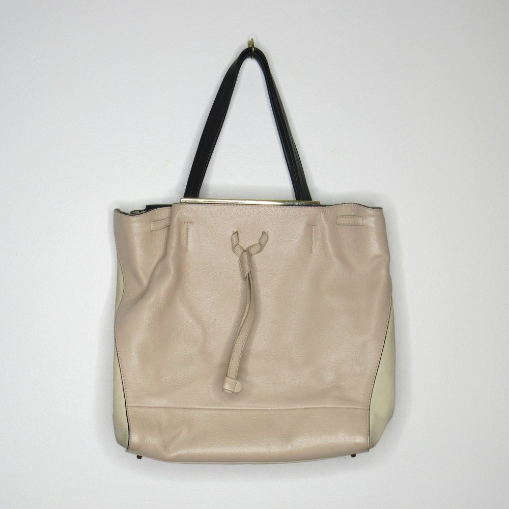 Furla Leather and Suede Drawstring Tote Bag Purse Beige and Black